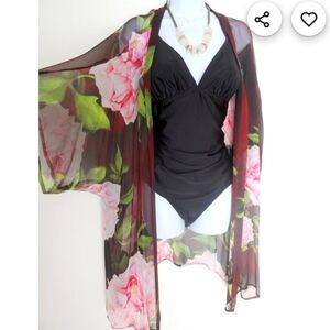 SilkSquirrel Brown Floral Kimono Peony Silk Duster Jacket Cover-Up One Size